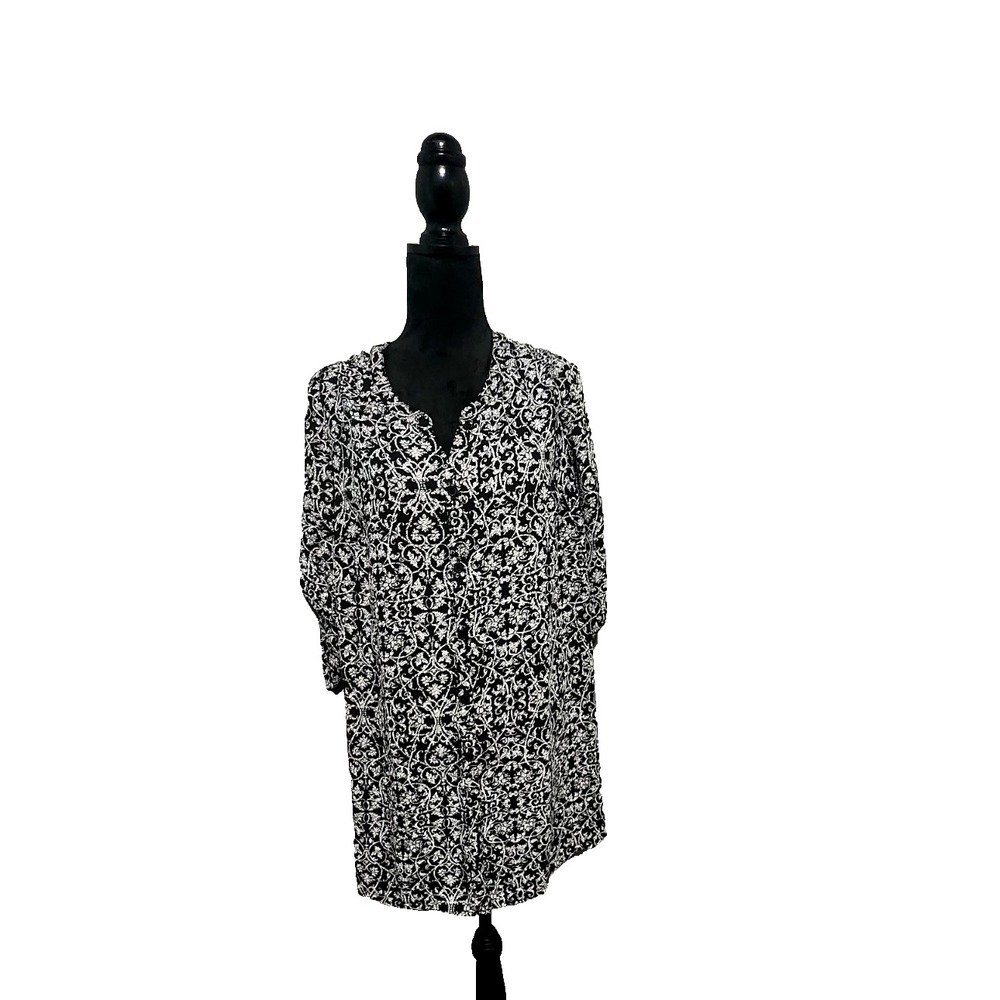 Catherines Shirt‎ Womens Black Blouse Button Up 3/4 Sleeve Top V Neck Size 1x